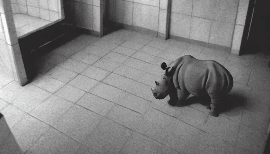 Prompt: a rhinoceros in a public bathroom with yellow tiles floor, mini dv camera found footage, very very low quality picture, heavy grain, heavy jpeg artifact blurry, caught on trail cam