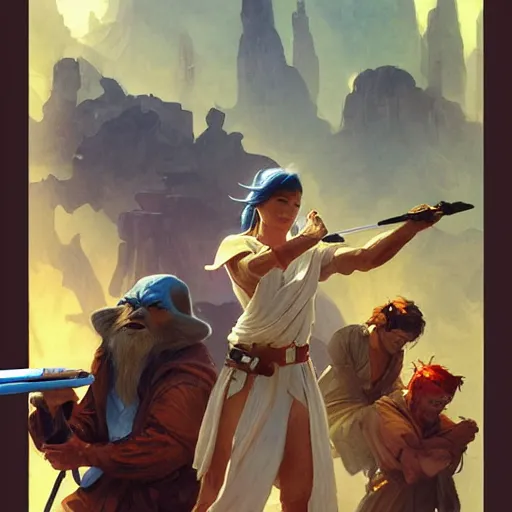 Prompt: jedi battle versus smurfs by Stanley Artgerm Lau, greg rutkowski, thomas kindkade, alphonse mucha, loish, norman Rockwel