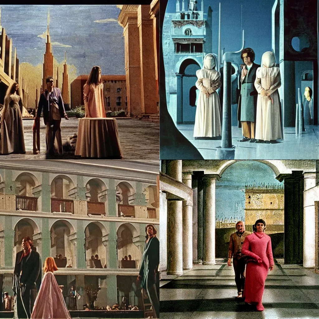 Prompt: a scene from the movie la felicita ( 1 9 7 1 ) by luchino visconti with mastroianni!!!! and claudia cardinale walking in a scifi cyberpunk futurist city in the style of the ideal city by piero della francesca, technicolor, cinematic, 5 0 mm, highly detailed