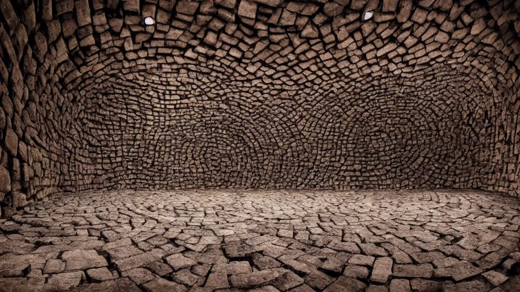 Image similar to The inside of a labyrinth, the walls are made out of a dark brown stone, dark atmosphere