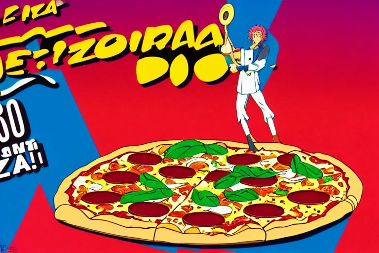 Image similar to pizza, 80s, advertisement, anime, anime, anime, anime, explosion