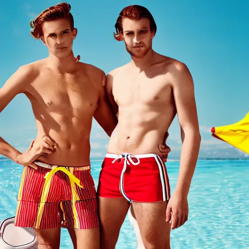 Image similar to ronald mcdonald models in swim trunks ; calvin klein ad