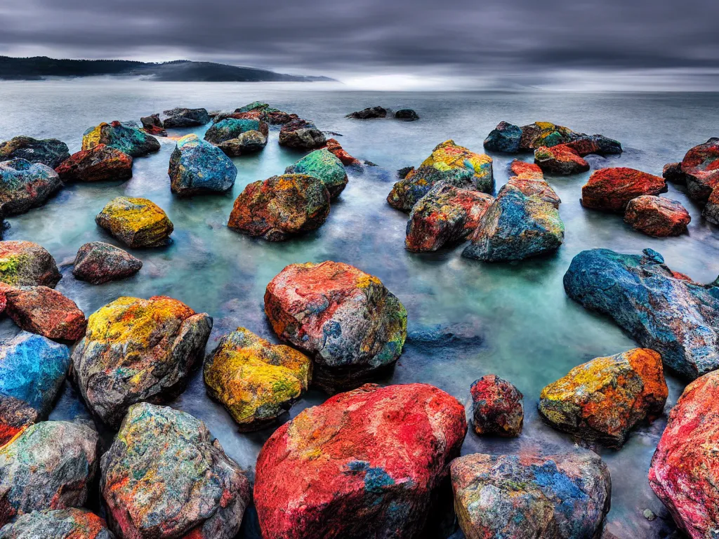 Image similar to a colourful wide-angle long exposure photograph of large rocks in water and cloudy sky, fine art photography