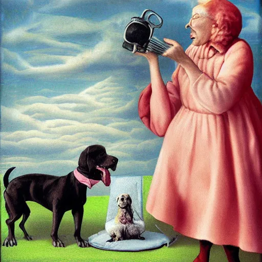 Image similar to a surreal absurdist image of an old woman swallowing a dog