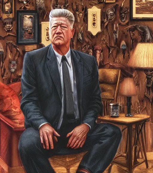 Image similar to David Lynch in Twin Peaks (1990), intricate, highly detailed, centered, studio background, digital painting, artstation, concept art, smooth, sharp focus, illustration, artgerm, donato giancola, Joseph Christian Leyendecker, Ed Repka, Les Edwards, WLOP, Artgerm