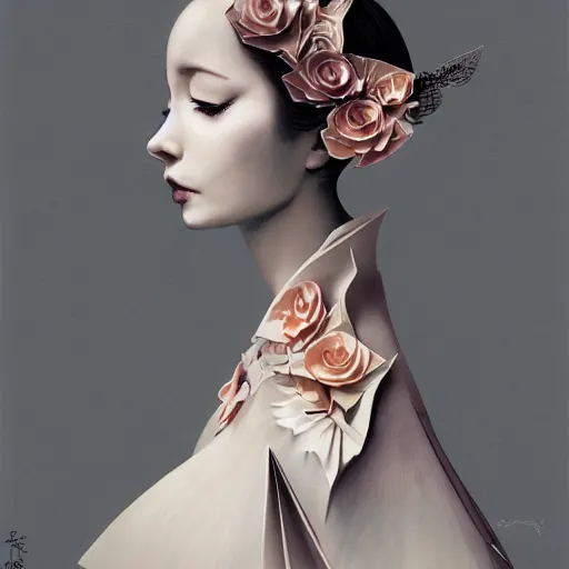 Image similar to 3 / 4 view of a beautiful girl wearing an origami dress, elegant, by esao andrews, by eiko ishioka, givenchy, by peter mohrbacher, centered, floral ornamentic, detailed beautiful face, high depth of field, origami, detailed fashion illustration, vogue, japanese, reallusion character creator