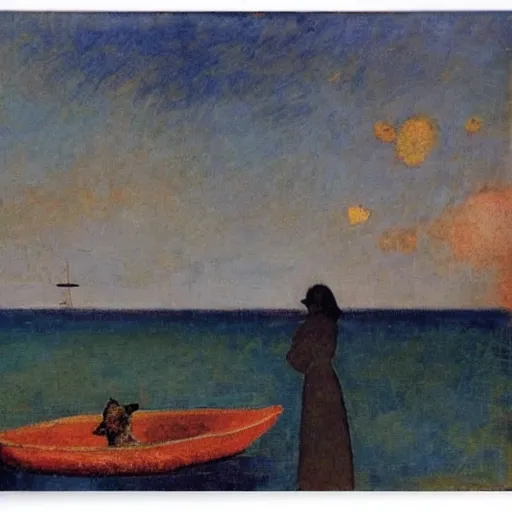 Prompt: a woman and her black and brown chihuahua at the sea with a boat in the distance by odilon redon