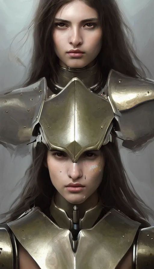 Image similar to a photorealistic painting of an attractive young girl, partially clothed in metal-plated battle armor, olive skin, long dark hair, beautiful bone structure, symmetrical face, perfect eyes, intricate, elegant, digital painting, concept art, illustration, sharp focus, minimal artifacts, volumetric lighting, from Metal Gear, in the style of Ruan Jia and Mandy Jurgens and Greg Rutkowski, trending on Artstation, award winning