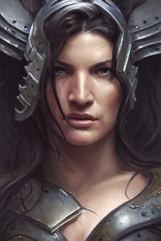 Image similar to a finely detailed portrait of Gina Carano, clothed in battle armor, olive skin, long dark hair, intricate, elegant, digital painting, trending on Artstation, concept art, smooth, sharp focus, illustration, from World of Warcraft, by Ruan Jia and Mandy Jurgens and Artgerm and william-adolphe bouguerea, award winning