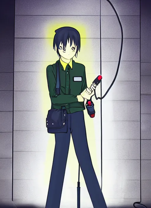 Image similar to Android wearing a school uniform, smoking a cigarette while standing on street corner lit by a neon sign”, full body shot, Digital art, detailed, anime