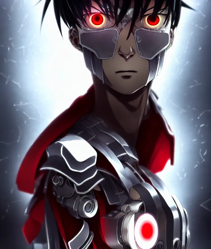 Image similar to a detailed manga character portrait of a dark haired silver cyborg anime man with a red mechanical eye wearing a tattered brown cape, trending on artstation, digital art, 4 k resolution, detailed, octane render, high quality, sharp focus, hq artwork, insane detail, concept art, character concept, character illustration, full body illustration, cinematic, dramatic lighting