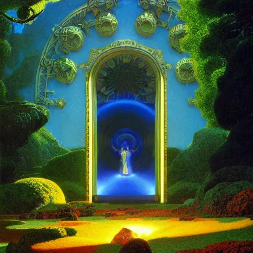 Image similar to a portal to another world glowing!!! with colorful kaleidoscopic light magic. detailed. rule of thirds. intricate. sharp focus. wide angle. unreal engine 8 k. painting by maxfield parrish. wlop. greg rutkowski.