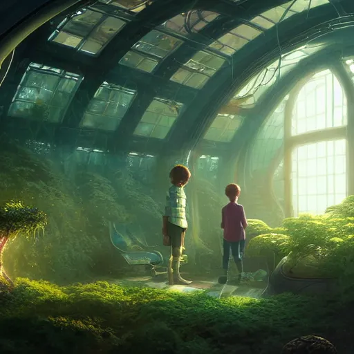 Image similar to , boy and grandma in sci - fi green house, spaceship, plants, stephen bliss, misty, unreal engine, pixar, fantasy art by greg rutkowski, loish, ferdinand knab, and lois van rossdraws, global illumination, radiant light, minimalist, detailed and intricate environment