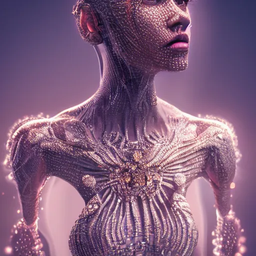 Image similar to full body detailed, ethereal, biomechanical, covered in diamonds and other gems glowing, highly detailed face, elegant posed, intricate, extremy detailed, beeple, cgsociety, 3 d unreal engine octane render. cinematic lighting, highly detailed 4 k art