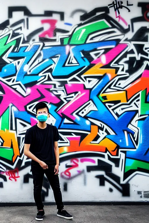 Image similar to asian guy with mask stand in front of wall with full of graffiti tag and mural, photorealistic, smooth, 4 k, aesthetic lighting, baroque object, hyperdetailed, professional photography, pullitzer winning, photo by : canon eos 5 d mark iv, by karah mew and adnan abidi and jodie bateman