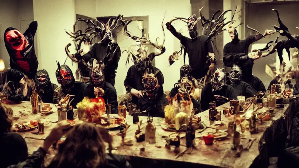 Prompt: slipknot having a birthday party, film still from the movie directed by Denis Villeneuve with art direction by Salvador Dalí, wide lens