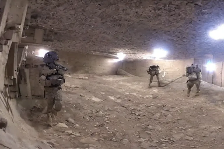 Prompt: gopro footage from inside a deep underground military base