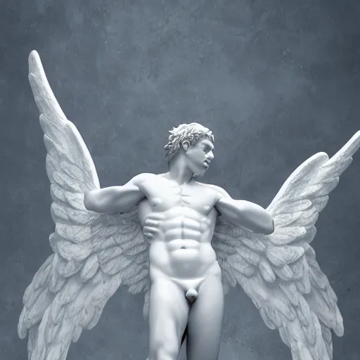 Image similar to a male angel falling from heaven surrounded by angels and demons fighting in the background asymmetrical, cinematic composition, 8k resolution, sculpture marble high contrast, shiny and reflective marble texture, soft lighting in the style of Grzegorz Domaradzki, dof, blur