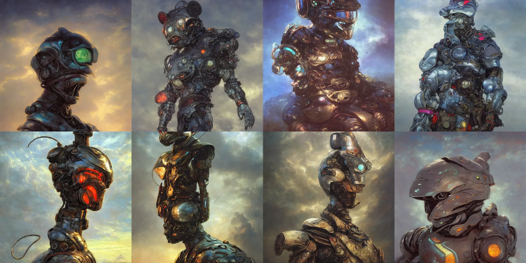 Image similar to portrait of epic anthropomorphic mouse cyborg neon armor, in clouds, cinematic studio light, windy, sunrise, wlop, by gerald brom, by mikhail vrubel, by peter elson, muted colors, extreme detail, trending on artstation