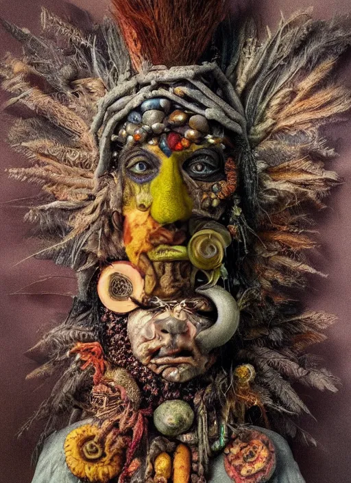 Prompt: a surrealist painting of a mystical shaman's face, 3 d render, in the style of giuseppe arcimboldo, symbolist, soft colors, dramatic lighting, smooth!!, sharp focus, extremely detailed!!, aesthetically pleasing composition, octane render, voodoo eyes