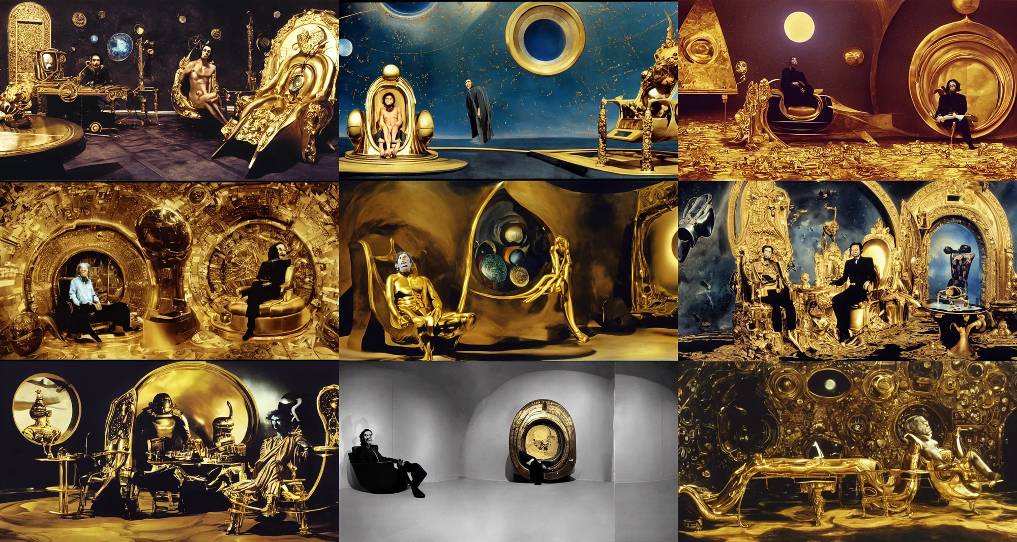 Prompt: background : a huge porthole in which space, planet arrakis, spaceships are visible | foreground : salvador dali sitting on gold chair with many gold pipes in dark room | from the movie by alejandro jodorowsky with cinematogrophy of christopher doyle and art direction by hans giger, anamorphic lens, kodakchrome, 8 k