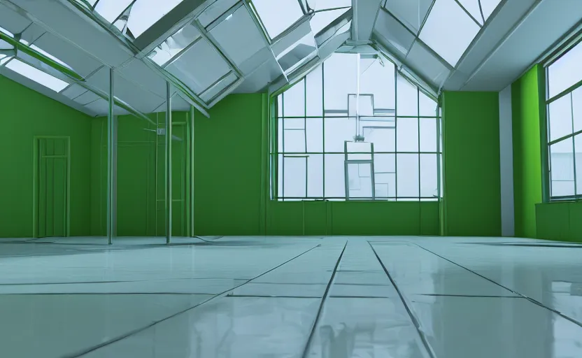 Image similar to empty room, open shiny floor, big solid colourful 3 d shapes, green house unreal engine and v - ray render.