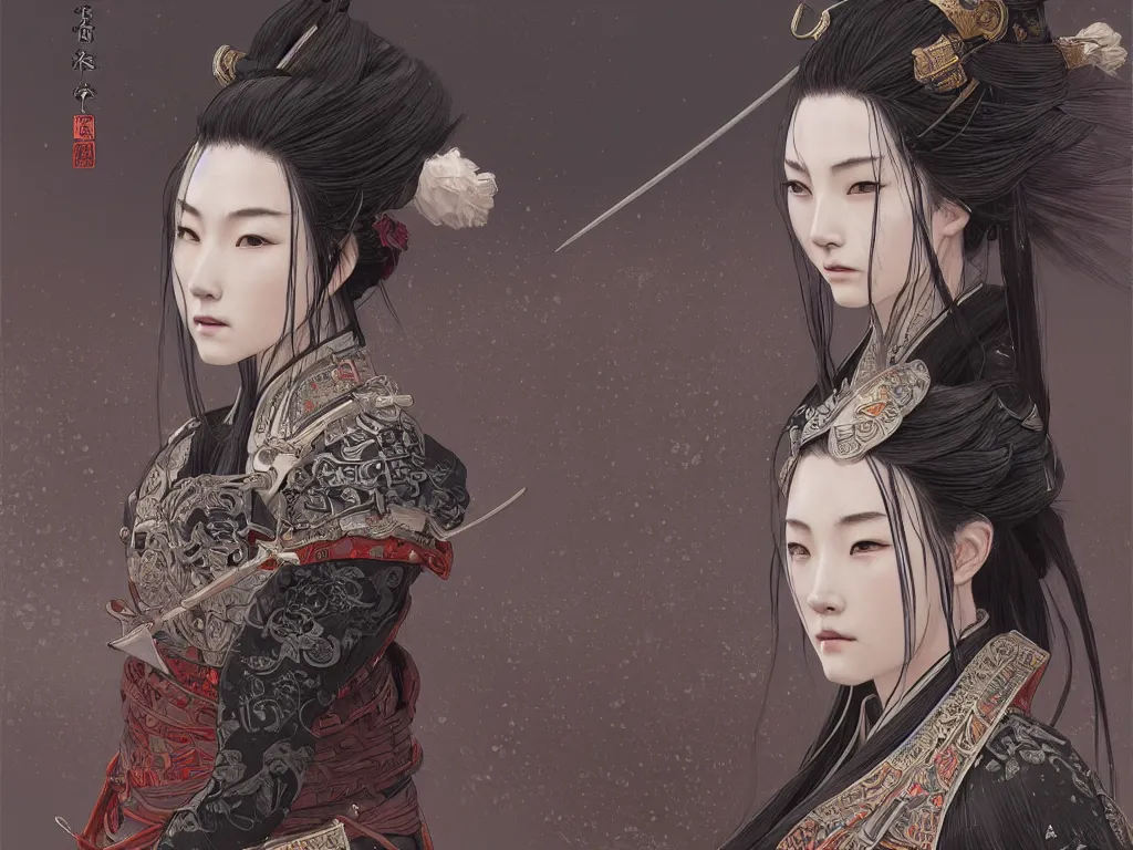 Image similar to portrait grey hair beautiful samurai girl, armor samurai wardrobe, in fired honnoji temple wet night, ssci - fi and fantasy, intricate and very very beautiful and elegant, highly detailed, digital painting, artstation, concept art, smooth and sharp focus, illustration, art by tian zi and wlop and alphonse mucha