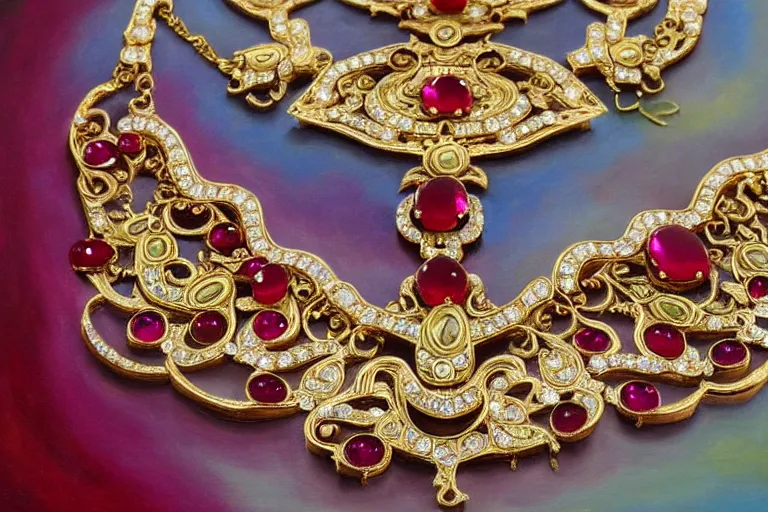 Image similar to highly detailed oil painting, front view, very realistic gemstones, art nouveau, ornate, delicate, brilliant ruby necklace, necklace on display, dramatic light,