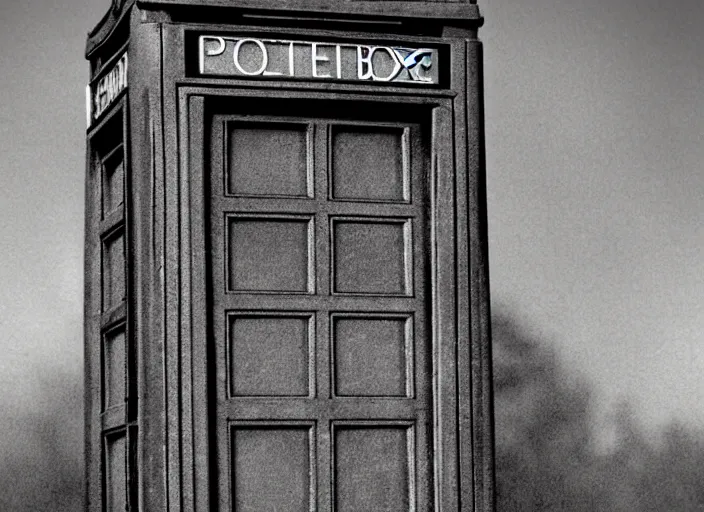 Image similar to photo of a metropolitan police box in suburban london, police box, 1930s, sepia, blurry, faded