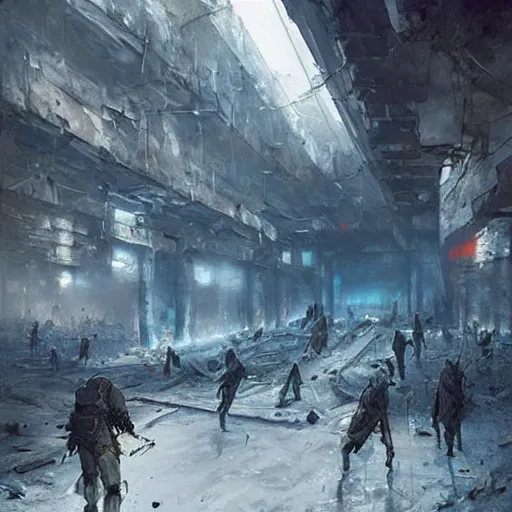 Prompt: the last war of the liquidators in the underground ruins of the soviet megastructure art by greg rutkowski