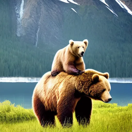 Prompt: a photo of bob ross riding on the back of a brown bear in alaska, outdoor, hyperrealistic, shutterstock contest winner, digital art, national geographic photo, stockphoto, majestic