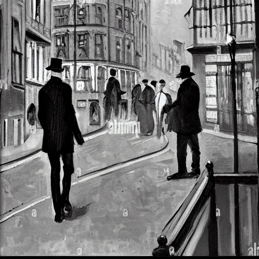 Prompt: Impressionist Noir victorian men in black cityscape post-impressionist London
