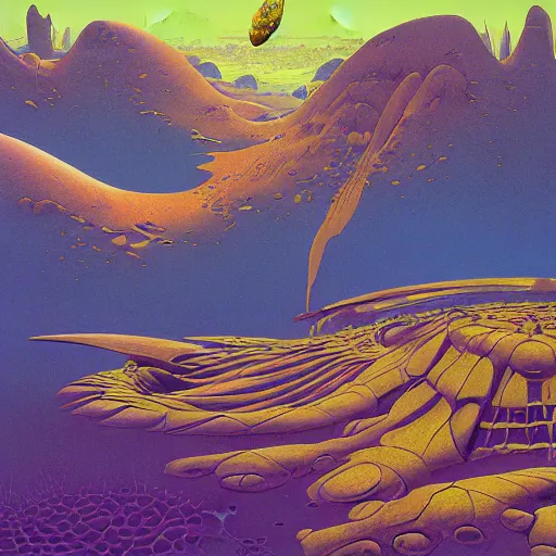 Image similar to striking colours vivid, gaps holes, neonothopanus, creatures, metropolis in distance, moons, realistic landscape art by roger dean, reflections, art by michael whelan, organic textures, seedpods, art by kilian eng, moebius artwork, hires 8 k detailed natural textures