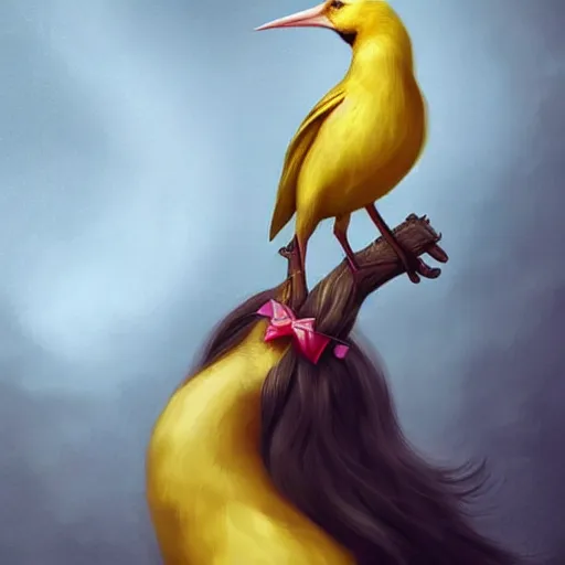 Image similar to an elegant yellow bird wearing a crown and a red bow tie in the style of Charlie Bowater, very very beautiful, high quality, detailed, 4k, digital art, artstation, smooth