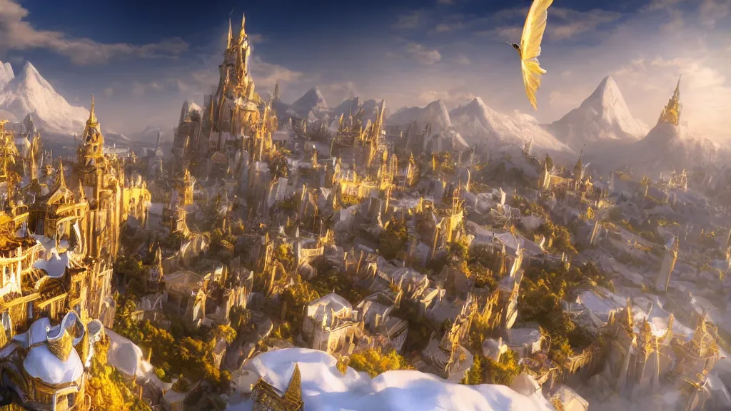 Image similar to a snow white and golden city flying with a floating island, sky island, white, pure white and gold, fantasy artwork, very very very beautiful scenery, hd, hdr, ue5, ue6, unreal engine 5, cinematic 4k wallpaper, 8k, ultra detailed, high resolution, artstation, award winning