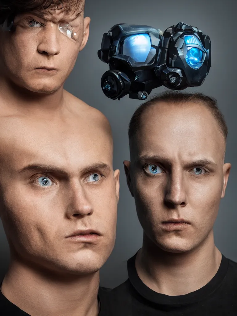 Prompt: ion man, studio portrait, realistic eyes, strong facial expression, detailed, atom cloud above head