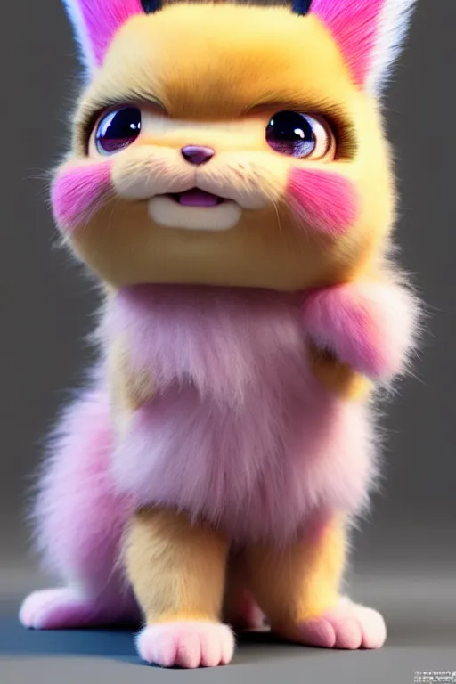 Image similar to high quality 3 d render hyperrealist very cute multicolor stripped fluffy! doe cat hybrid highly detailed, vray smooth, in the style of detective pikachu, hannah yata charlie immer, dramatic pink light, low angle, uhd 8 k, sharp focus