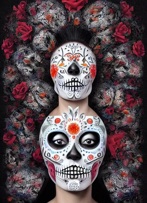 Prompt: dia de los muertos theme surrealist!!! art in the styles of igor morski, jim warren, and aida muluneh, intricate, hyperrealistic, accurate facial details, profile picture with chromakey!!!!! background, volumetric lighting