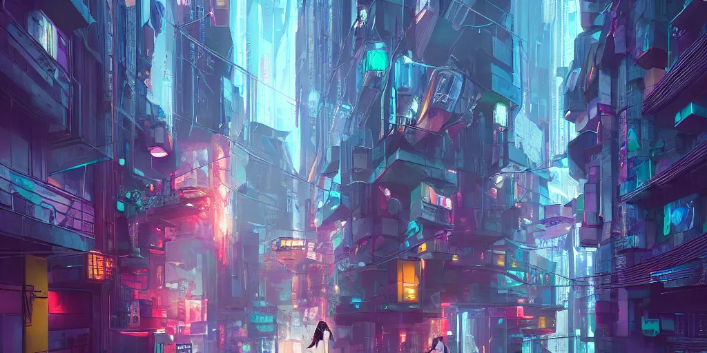 Prompt: cyberpunk girl hiding in gray alley surrounded by colorful glass buildings, flying cars, golden ratio, volumetric lighting, reflective, artstation,