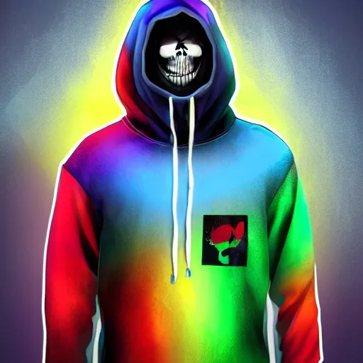 Prompt: Male Rainbow Grim Reaper, Pride hoodie, artstation