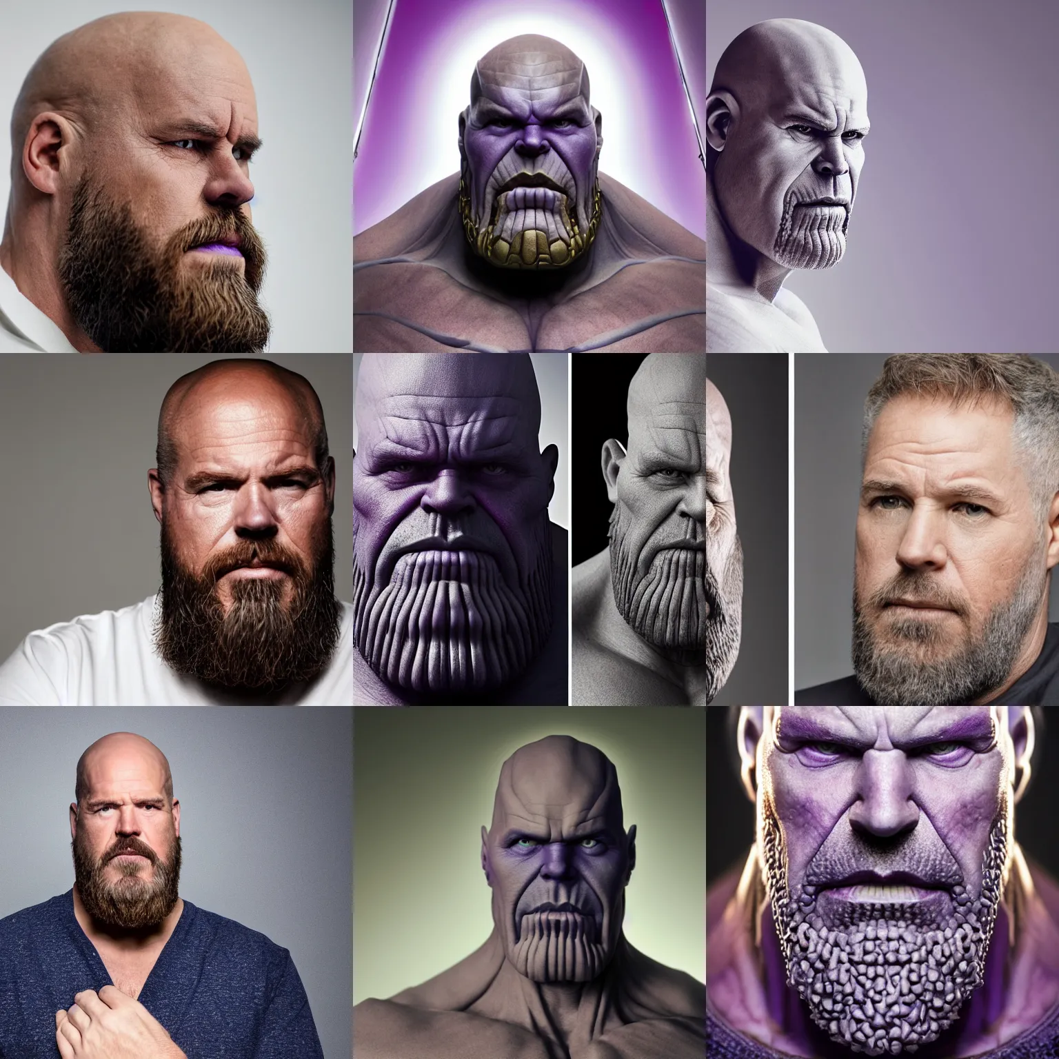 Prompt: dlsr photo of thanos face as a white man white man white man white man white man with beard stubble taken in studio lighting sitting on chair