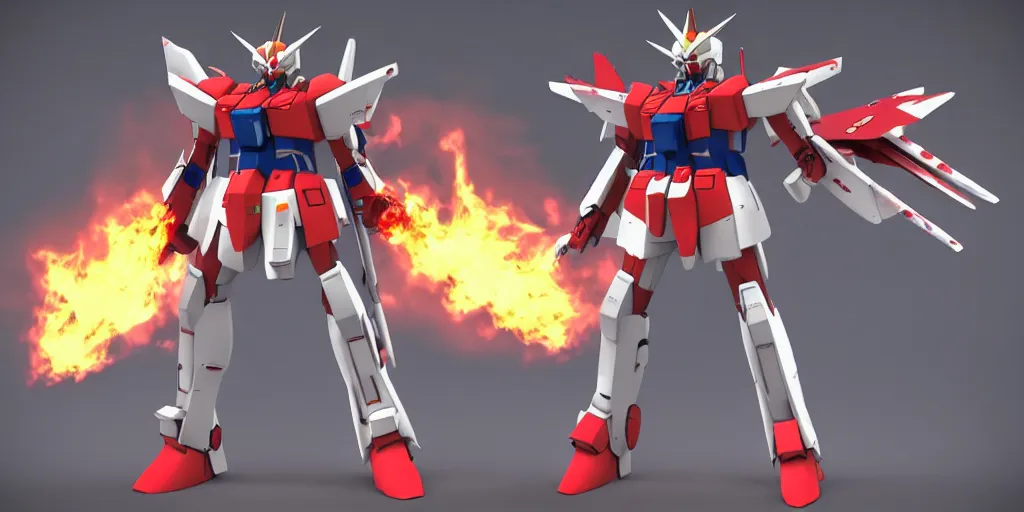 Image similar to 3 d model of a socialist gundam with fire wings, cinematic lighting, dramatic scene, plasma, highly detailed