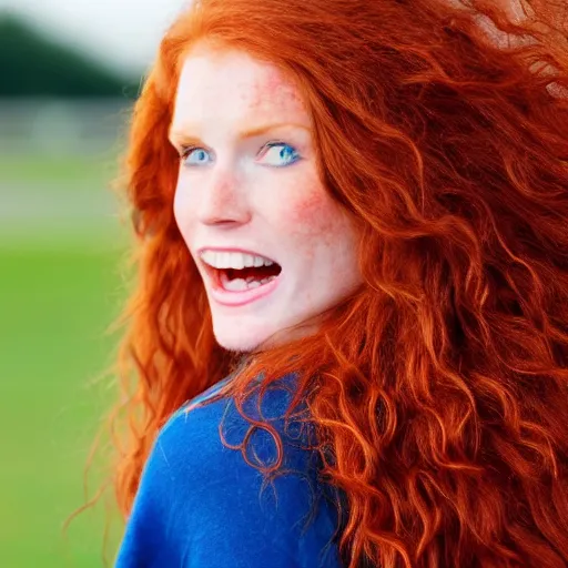 Prompt: Close up photo of the left side of the head of an extremely attactive, pretty redhead woman with gorgeous blue eyes and wavy long red hair, who looks directly at the camera. Slightly open mouth. Whole head visible and covers half of the frame, with a park visible in the background. 135mm nikon.