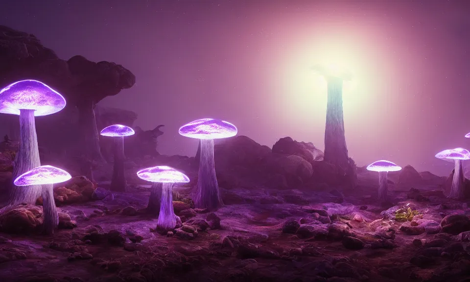 Image similar to large bioluminescent mushrooms on an alien landscape with glowing spores, atmospheric lighting, unreal engine 5, uhd wallpaper 4k