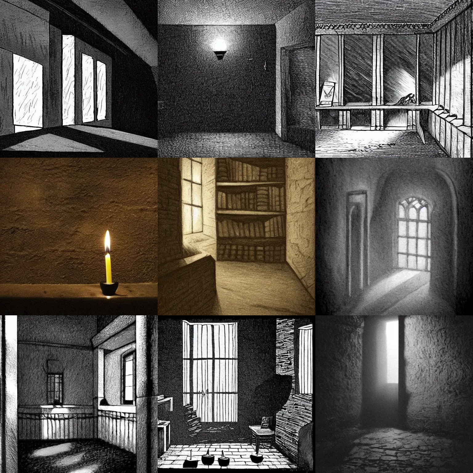 Prompt: shadow filled room with gloomy, oppressive atmosphere, the midnight so dark that it seems to suck out the life itself, no light penetrates to room, only small candle struggles in vain to illuminate the crushing darkness, the dark stone walls cold and forebonding, shelves filled with tomes