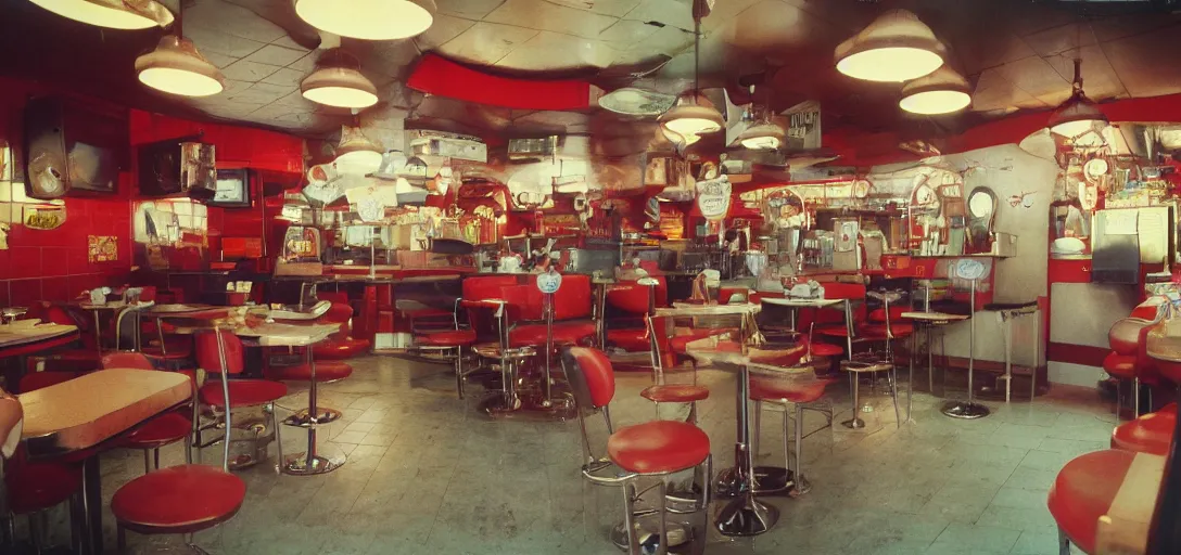 Image similar to !dream daleks inside a vintage fast food restaurant, serving food, hamburgers and soda, happy family, kodak Ektachrome 10, 15mm wide angle close up