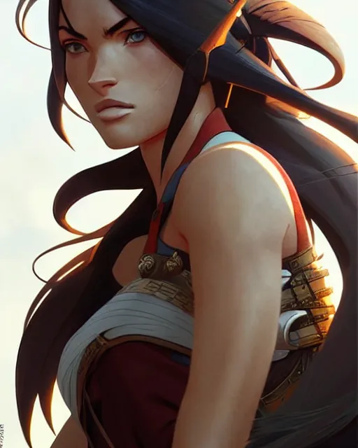 Image similar to azctec warrior, megan fox, detailed perfect face, exquisite details, fire magic, mid view, design on a white background, by studio muti, greg rutkowski makoto shinkai takashi takeuchi studio ghibli