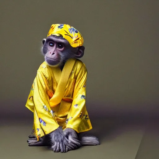 Image similar to a monkey wearing a yellow kimono, 8 k