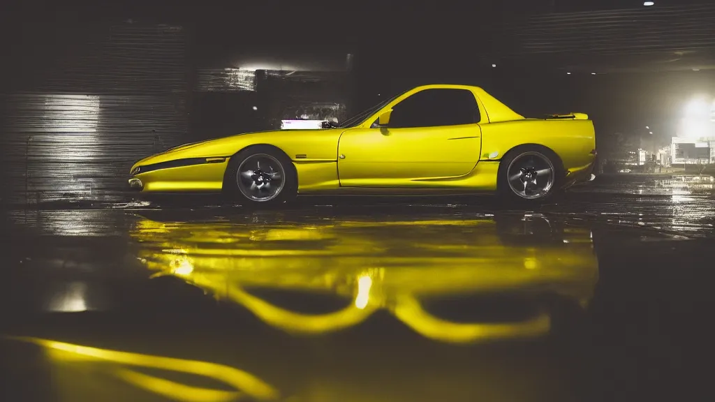 Prompt: 1 9 9 8 mazda rx 7 coupe yellow aero kit, cinematic, long exposure, white balance, 8 k, led, lumen global illumination, fog, ray tracing reflections