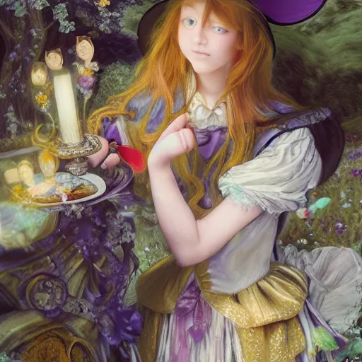 Prompt: Alice in Wonderland and the Mad Hatter, in the style of Japanese shoujo manga, inspired by pre-raphaelite paintings, mc Escher, John Singer Sargent, and Möbius, features marbled patterns, candles, lanterns, fungi, ethereal, playful, whimsical, gossamer lace and tulle, ethereal atmosphere, dramatic light, 4K shot, hyper detailed digital art